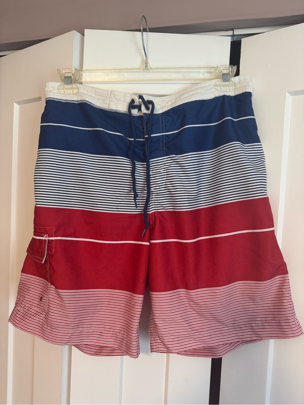 Chaps Men's Navy, White & Red Striped Swim Board Shorts